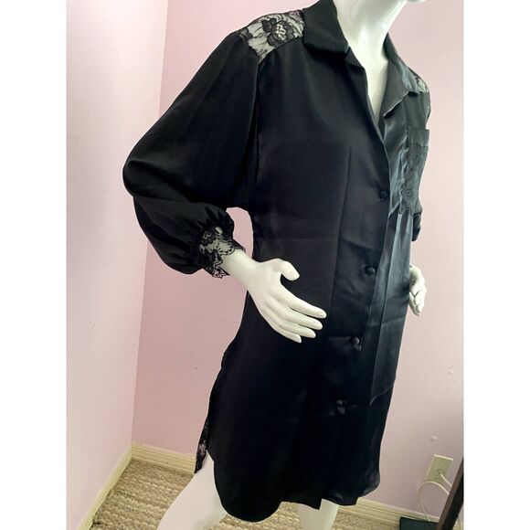 Vintage 90s Lily of France Sleep Shirt SMALL Jacquard Satin Lace Trim Nightgown - Picture 3 of 10